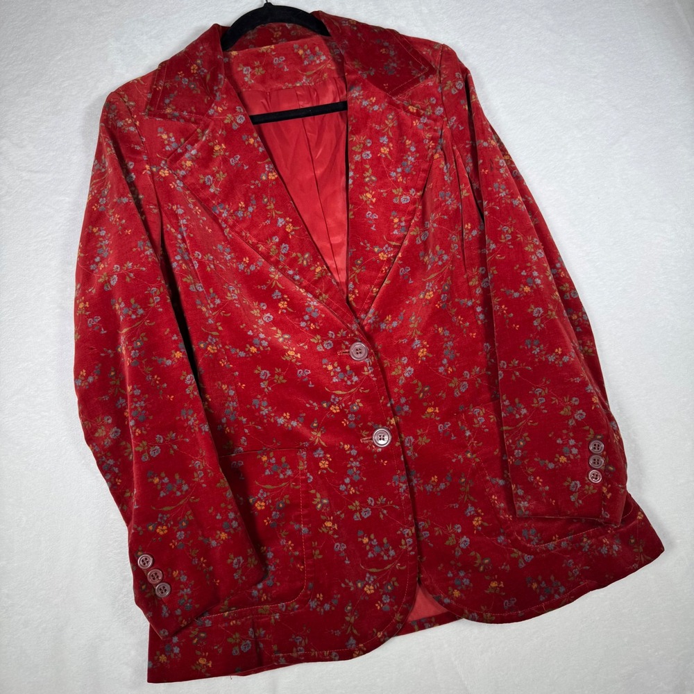 Vintage Red Velvet Floral Blazer Jacket Two Button Notched Lapel Women M*